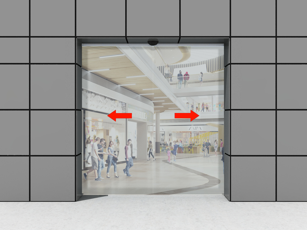 Ikki eshikli eshik, butun shishadan yasalgan oynali yaratmalar bilan.